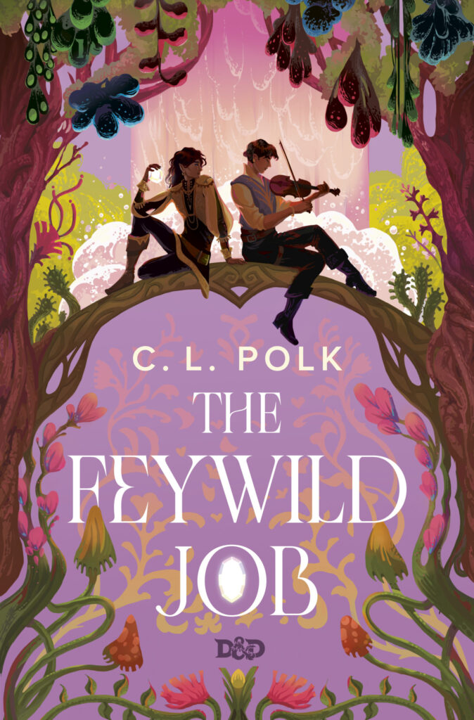 cover for the Feywild Job by C. L. Polk. Two people sitting on a bridge made from two tree branches growing together.